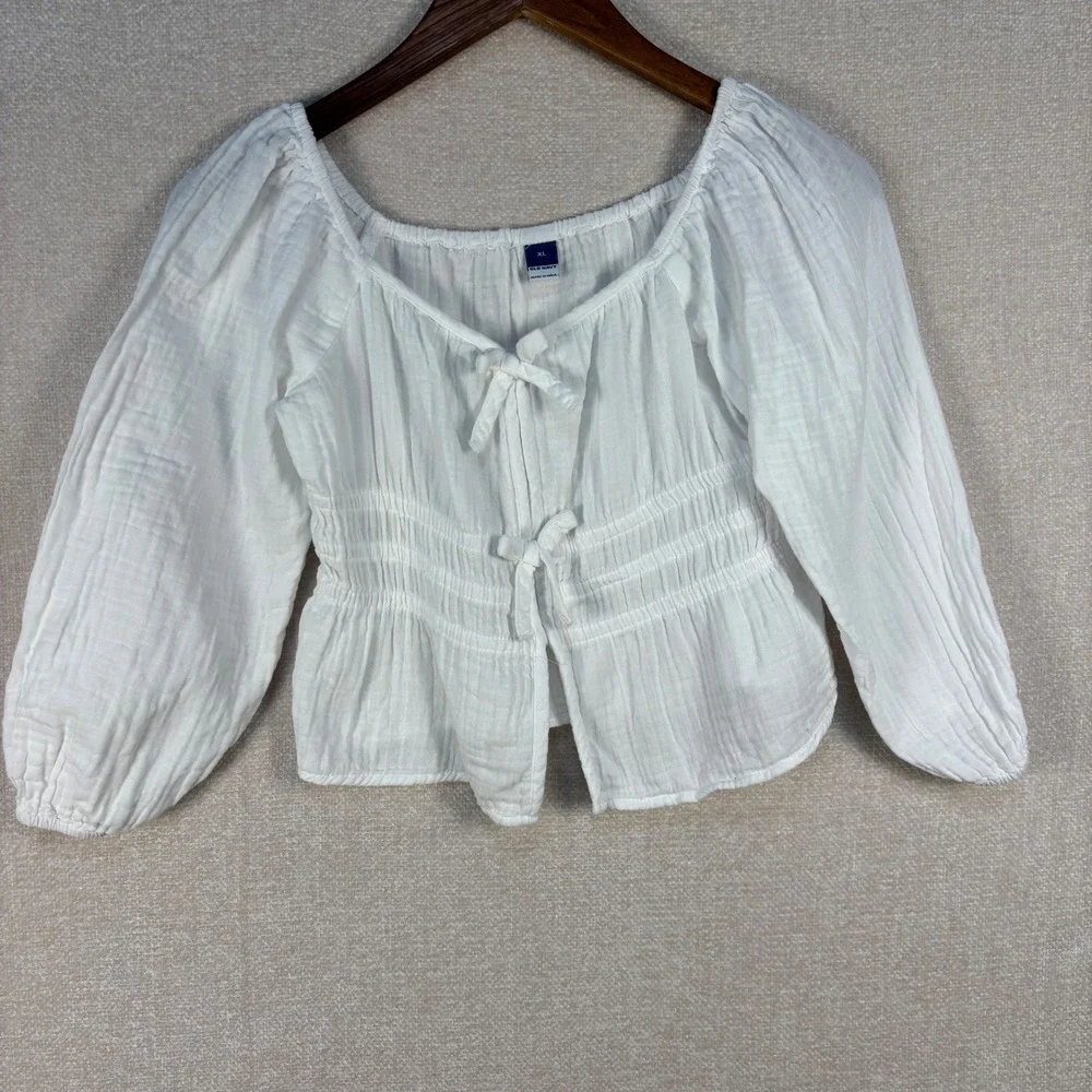 Old Navy Girls XL White Cotton Gauze Tie Front Smocked Peasant Blouse Top
